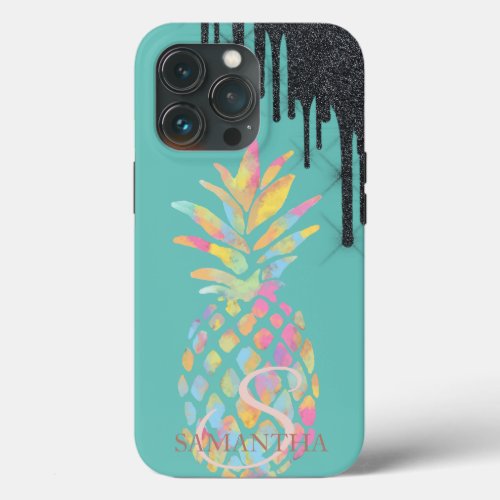 Black Glitter Drips Pineapple Mint Green  iPhone 13 Pro Case