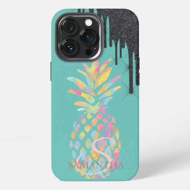 Black Glitter Drips Pineapple Mint Green  Iphone Case (Back)