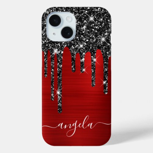 Black Glitter Drips Red Glam Signature iPhone 15 Case