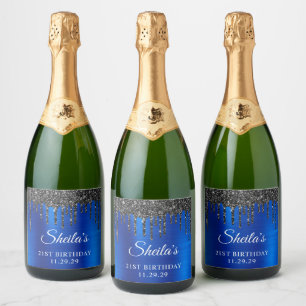 Black Glitter Drips Royal Blue Glam 21st Birthday Sparkling Wine Label