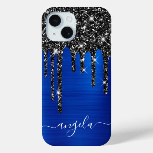 Black Glitter Drips Royal Blue Glam Signature iPhone 15 Case