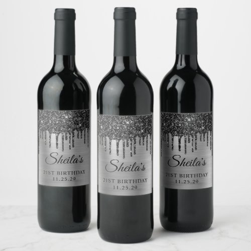 Black Glitter Drips Silver Foil 21st Birthday Wine Label