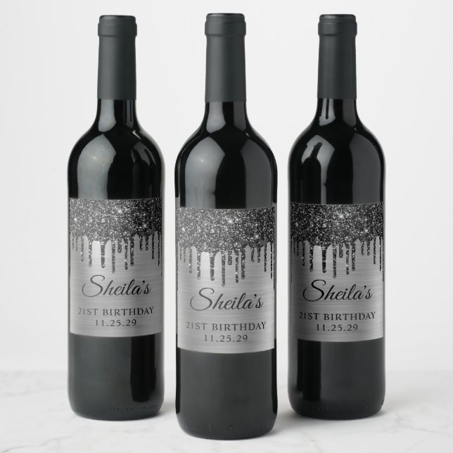Black Glitter Drips Silver Foil 21st Birthday Wine Label (Bottles)