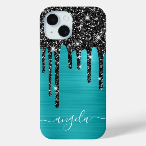 Black Glitter Drips Turquoise Blue Glam Signature iPhone 15 Case