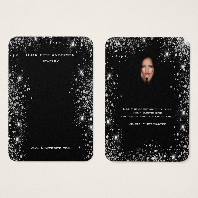 Black glitter earrings jewelry photo display card (Front & Back)