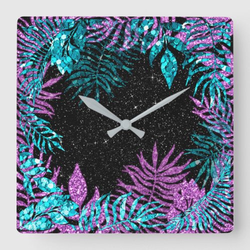 Black Glitter Fuchsia Spark Blue Floral Pink Rose Square Wall Clock