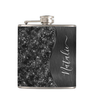 Black Glitter Glam Bling Personalized Metallic Flask
