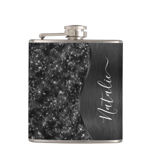 Black Glitter Glam Bling Personalized Metallic Flask