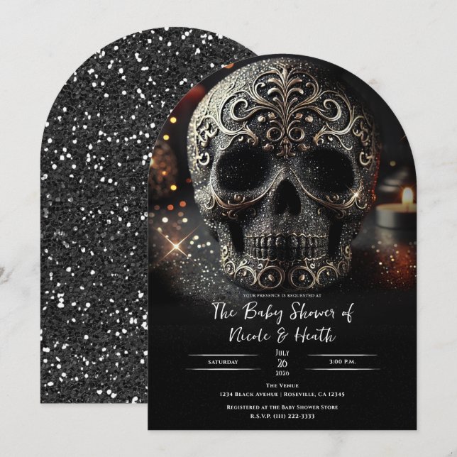 Black Glitter Glam Sparkle Skull Baby Shower Invitation (Front/Back)