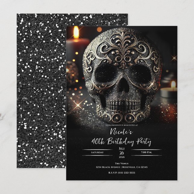 Black Glitter Glam Sparkle Skull Gothic Birthday Invitation (Front/Back)