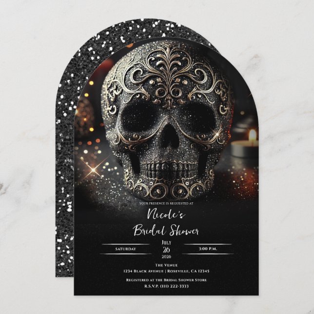 Black Glitter Glam Sparkle Skull Gothic Bridal Invitation (Front/Back)