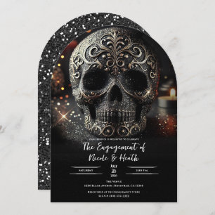 Black Glitter Glam Sparkle Skull Gothic Engagement Invitation