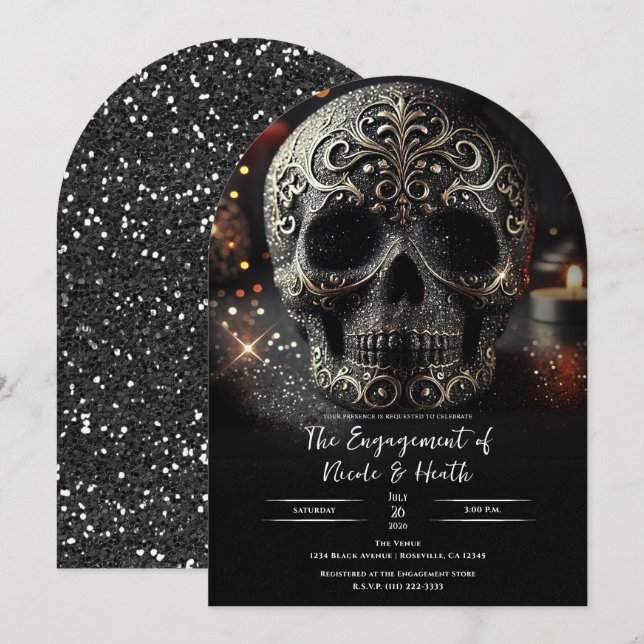 Black Glitter Glam Sparkle Skull Gothic Engagement Invitation (Front/Back)