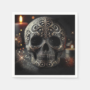 Black Glitter Glam Sparkle Skull Gothic Napkins