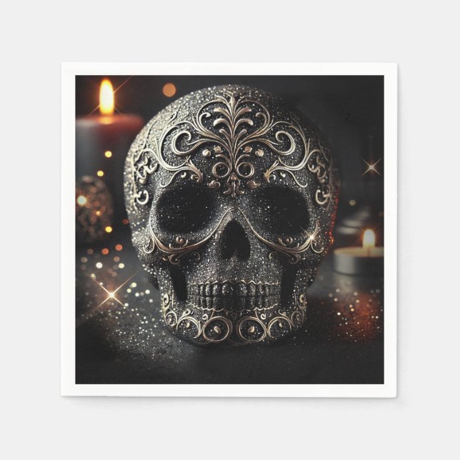 Black Glitter Glam Sparkle Skull Gothic  Napkins (Front)