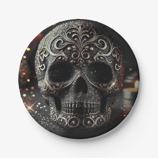 Black Glitter Glam Sparkle Skull Gothic  Paper Plates (Front)