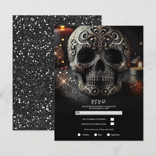 Black Glitter Glam Sparkle Skull Gothic RSVP Invitation (Front/Back)