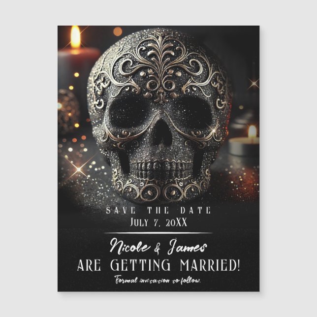 Black Glitter Glam Sparkle Skull Gothic Save Date (Front)