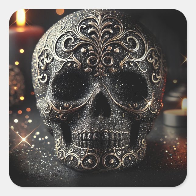 Black Glitter Glam Sparkle Skull Gothic  Square Sticker (Front)