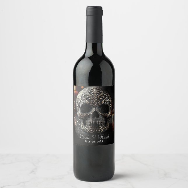 Black Glitter Glam Sparkle Skull Gothic  Wine Label (Front)