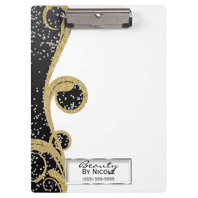 Black Glitter Gold Elegant Chic Glam Personalized Clipboard (Front)