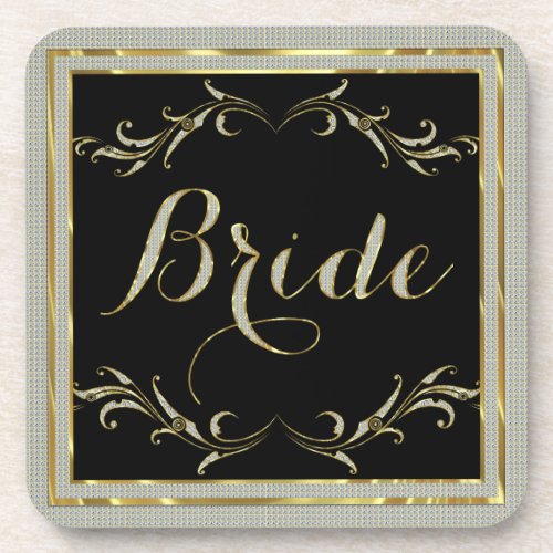 Black Glitter  Gold Floral Frame Bride Text Beverage Coaster