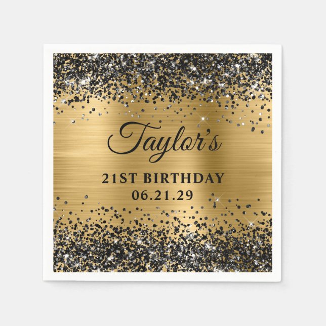 Black Glitter Gold Foil 21st Birthday Napkins (Front)