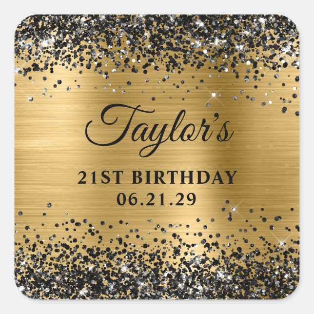 Black Glitter Gold Foil 21st Birthday Square Sticker (Front)