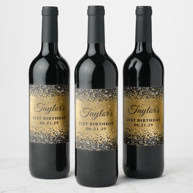 Black Glitter Gold Foil 21st Birthday Wine Label (Bottles)