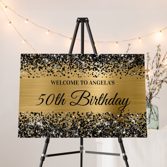Black Glitter Gold Foil 50th Birthday Welcome Foam Board (In Situ (Stand))