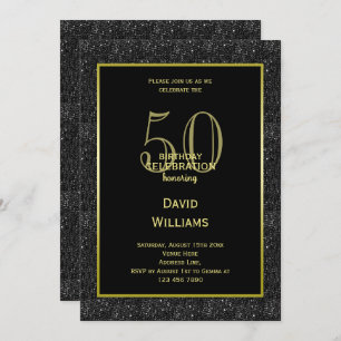 Black Glitter, Gold Framed Man's Birthday Invitation