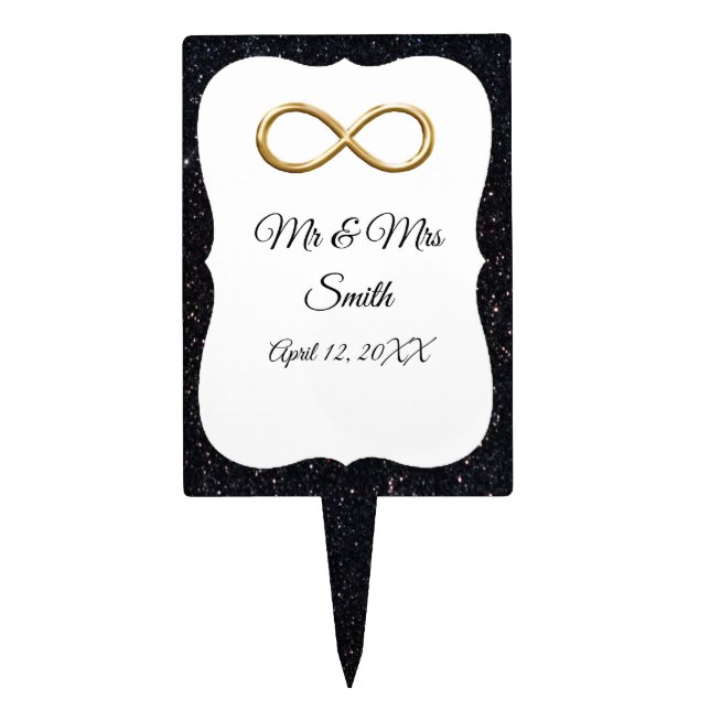 Black Glitter Gold Infinity Wedding Cake Topper (Front)