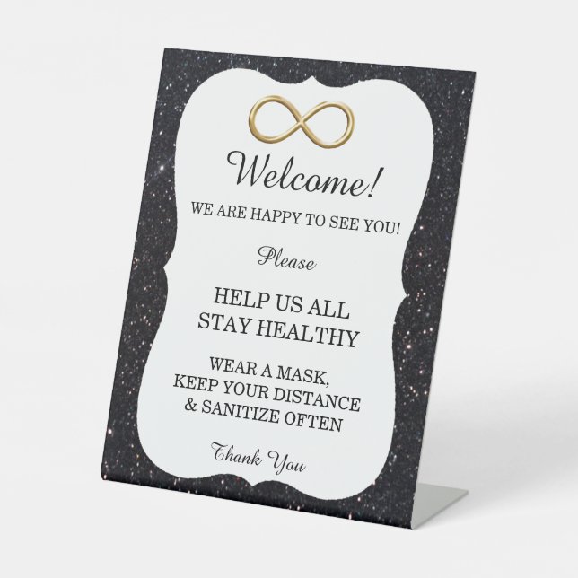 Black Glitter Gold Infinity Wedding Safety  Pedestal Sign (Front)
