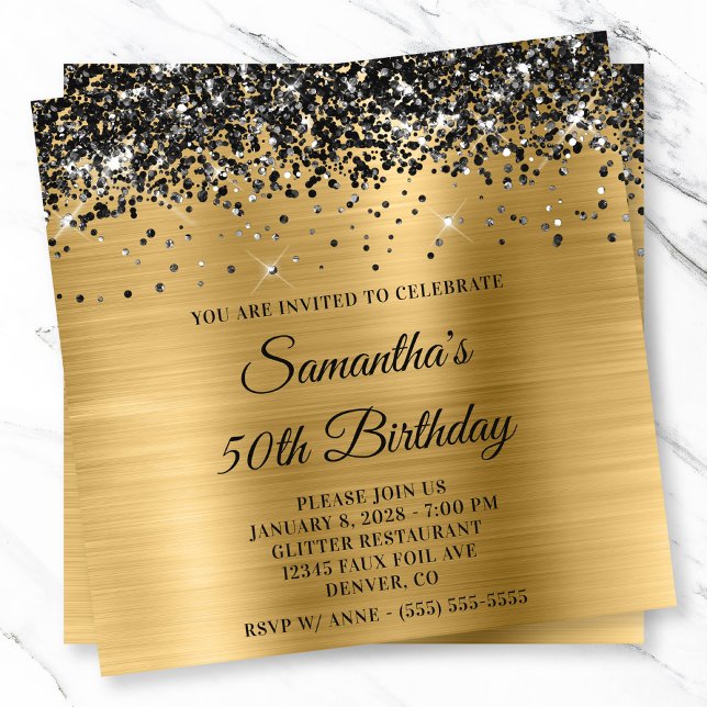 Black Glitter Gold Metallic Look 50th Birthday Invitation (Black Glitter Gold Metallic Look 50th Birthday Invitation)