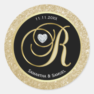 Black Glitter Gold Monogram Letter R Wedding Seals