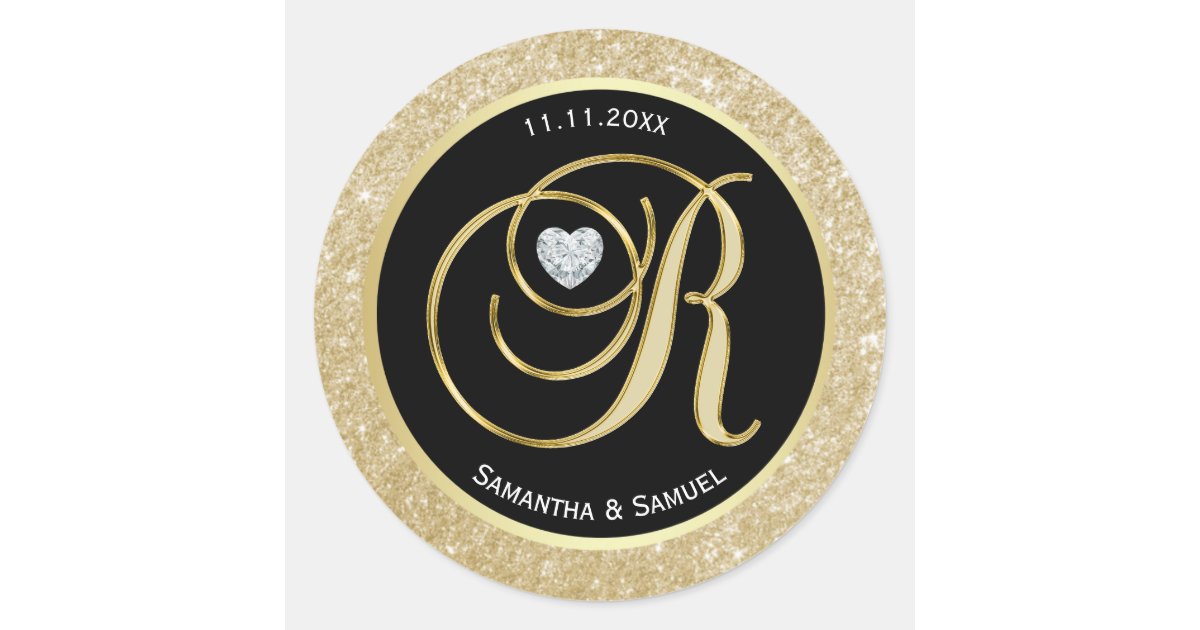 Gold Letter R Monogram Black Glitter Gold Monogram Letter R Wedding Seals | Zazzle