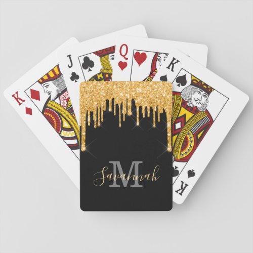 Black glitter gold sparkle monogram script poker cards