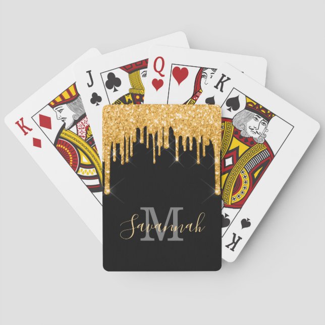 Black glitter gold sparkle monogram script poker cards (Back)