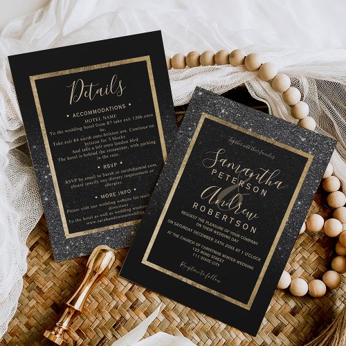 Black glitter gold typography chic winter wedding invitation