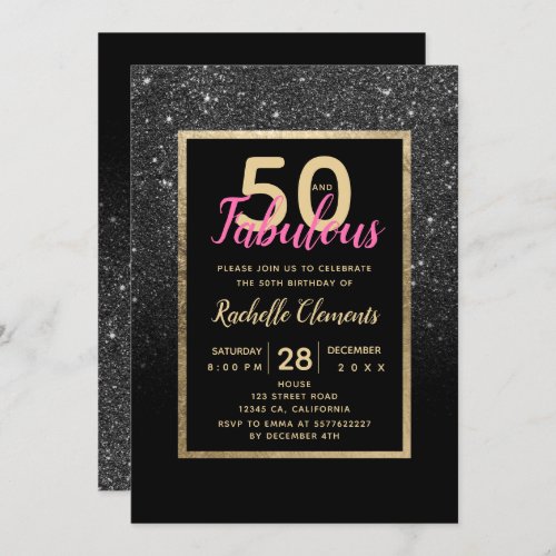 Black glitter gold typography fabulous 50 birthday invitation