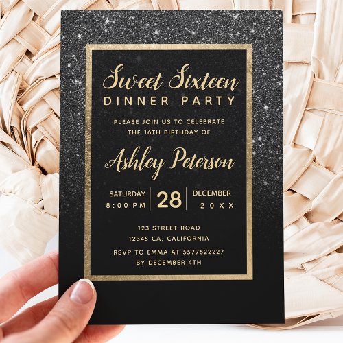 Black glitter gold typography Sweet 16 Invitation