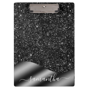 Black Glitter Handwritten Name Metal Monogram Clipboard