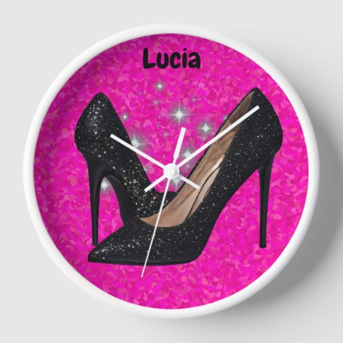 Black Glitter High Heel Shoe on Bright Pink  Clock