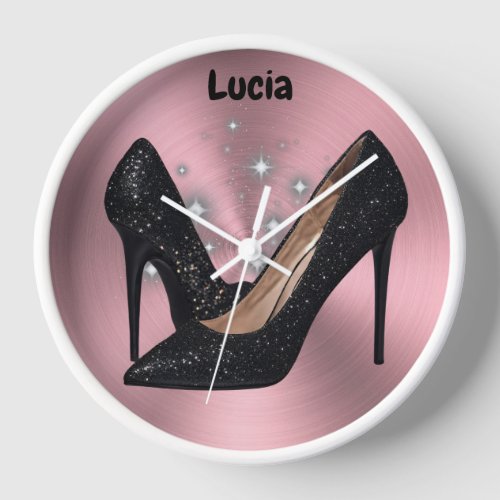 Black Glitter High Heel Shoe on Pink  Clock