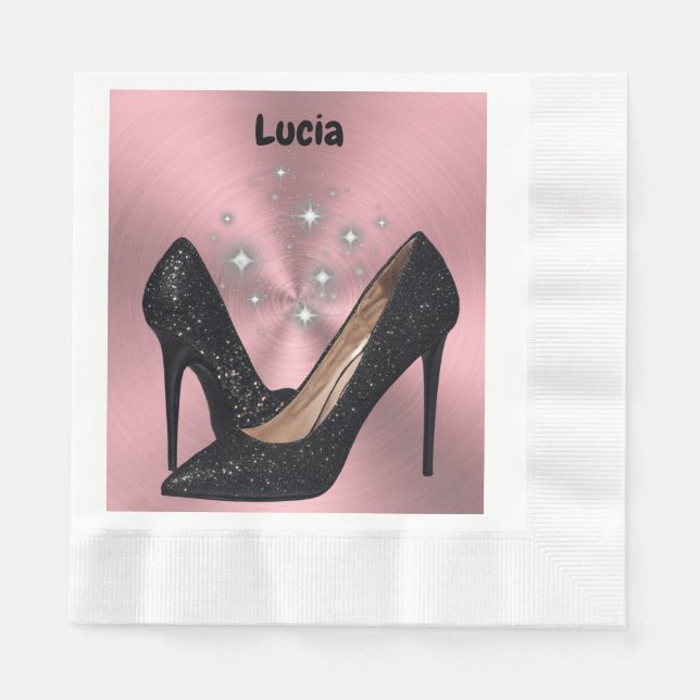 Black Glitter High Heel Shoe on Pink | Napkins (Front)