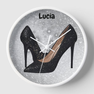 Black Glitter High Heel Shoe on Silver Clock