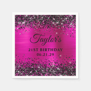 Black Glitter Hot Pink Foil 21st Birthday Napkins