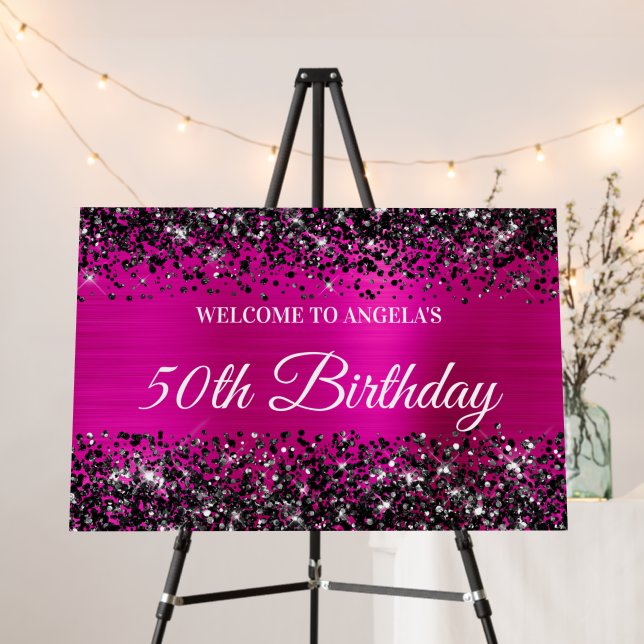 Black Glitter Hot Pink Foil 50th Birthday Welcome Foam Board (In Situ (Stand))