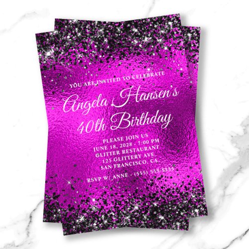 Black Glitter Hot Pink Glass Foil 40th Birthday Invitation