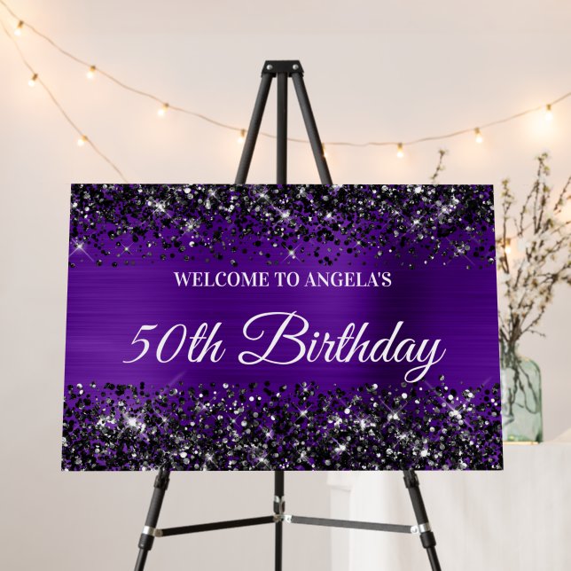 Black Glitter Indigo Foil 50th Birthday Welcome Foam Board (In Situ (Stand))